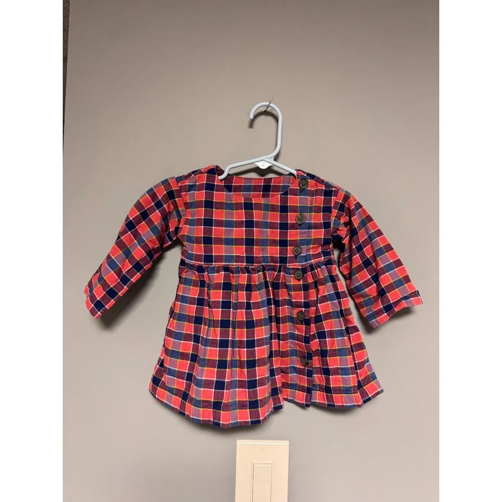 Tea Collection Baby Girls Plaid Long Sleeve Button Front‎ Dress Red Navy 3-6M